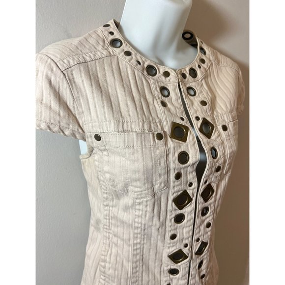 Live A Little Chic: Cream & Brown Geometric Embellished Denim Top - Womens Small - Picture 4 of 7